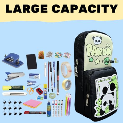 Image of Funfob Panda Pencil Pouch for School College for Pen Pencil Panda Pencil Box Travel or Cosmetic Case | Panda Green Black Pouch