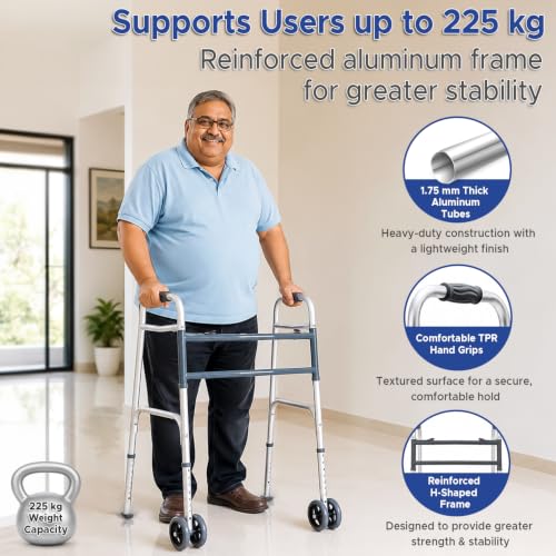 Image of KosmoCare Bariatric Walker for Heavy Adults & Seniors | Heavy Duty Folding Walker | Medical Walking Frame | Mobility Walker with Wheels | Supports Up to 225 kg