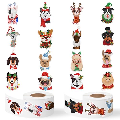 Image of Christmas Dog Head Stickers - 1000 Pcs Xmas Winter Wonderland Dog Waterproof Vinyl Reusable Laptop Stickers Coloring Book Scrapbook Water Bottle Page Activity Pad Party Favors Kids Skateboard