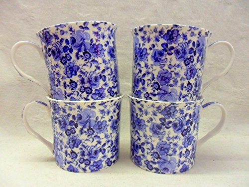 Heron Cross Pottery "Abbeydale Collection" Blrose Set Of 4 China Palace Mugs In Blue Rose Chintz Design
