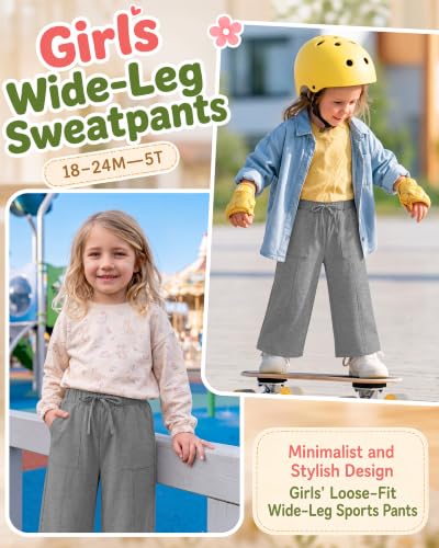 Image of Toddler Girls Wide Leg Pants | Baby Girls Sweatpants, Baggy Drawstring Pants with Pockets, Open Bottom Joggers, Back to School Trousers, for Kids 18M-5T