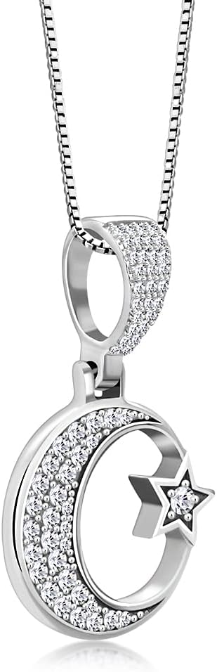 My Daily Styles 925 Sterling Silver CZ Islamic Muslim Pendant Necklace with Crescent Moon and Star Design