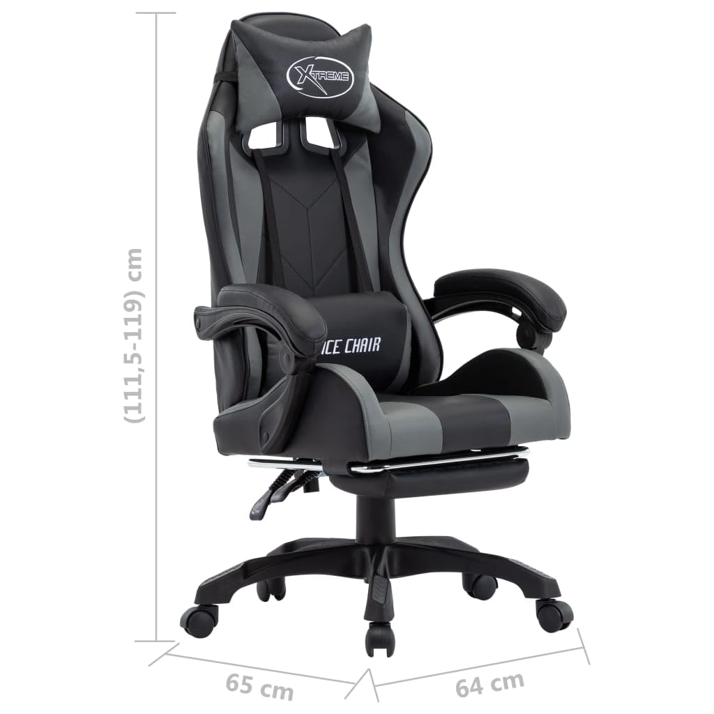Gaming-Stuhl mit Fußstütze Kunstleder Grau Schwarz ergonomische Rückenlehne Armlehne Kopfstütze Lendenstütze höhenverstellbar drehbar mit Rollen für Homeoffice Arbeitszimmer Komfort