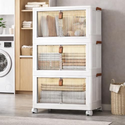 Image of 3-Door Plastic Wardrobe for Kids| Almirah and Wardrobe for Baby Clothes| Modular Storage Cabinet with Wheels|Kids Multi-Purpose Collapsible Wardrobe (White, 3-Layer)