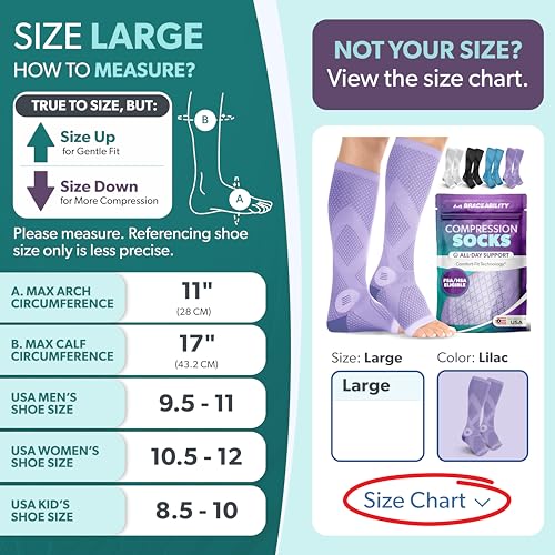 Image of BraceAbility Compression Socks for Circulation - 20-30 mmHg Knee High Neuropathy Open Toe Stockings for Varicose Veins, Swelling, RLS, Medical Toeless Support for Men or Women - 1 Pair (L - Lilac)