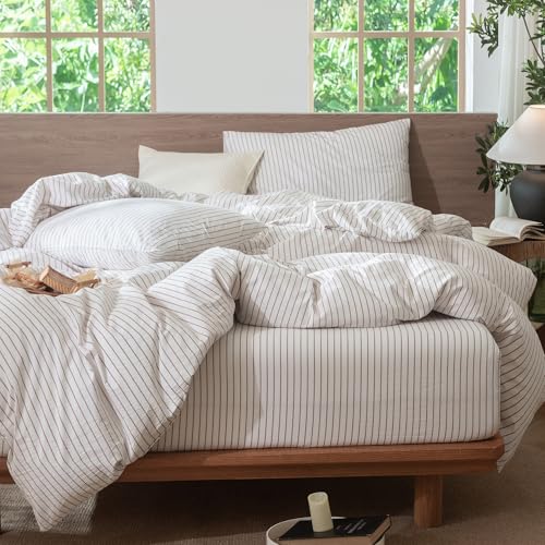 Image of MooMee Striped Duvet Cover Set 100% Washed Cotton Linen Like King | Relaxed Linen-like Texture. Soft, Breathable & Long-lasting Comfort. Lightweight. Hidden Zipper with 8 Interior Corner Ties