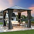 Raysfung 10x10FT Gazebo Hardtop, Outdoor Patio Gazebos with Polycarbonate Roof & Steel Frame, Outdoor Pavilion with Gray Curtain&Netting for Backyard/Lawn/Garden/Deck
