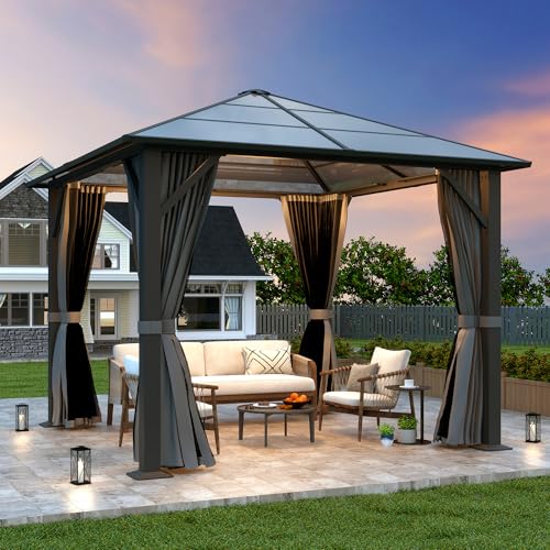 Raysfung 10x10FT Gazebo Hardtop, Outdoor Patio Gazebos with Polycarbonate Roof & Steel Frame, Outdoor Pavilion with Gray Curtain&Netting for Backyard/Lawn/Garden/Deck
