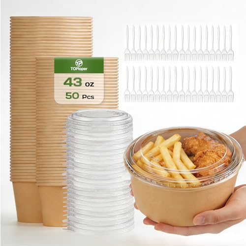 TOPtoper Paper Bowls 43Oz 50Pcs with Lids and Forks | Heavy Duty Kraft Paper Soak-Proof For Hot/Cold Food Disposable Meal Prep Containers