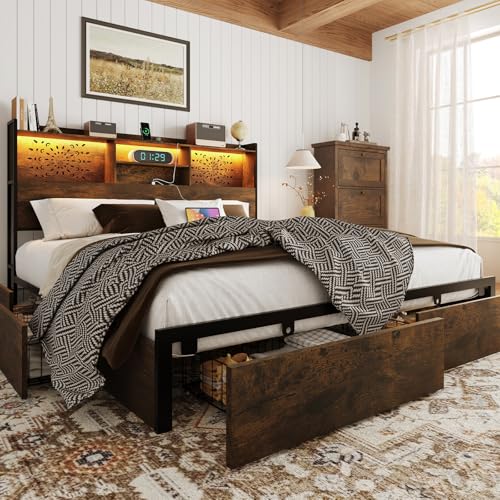 Belffin Queen Size Bed Frame with 6 Storage Drawers and Carving Headhoard, Wooden Bed Frame with Charging Station and LED Lights, No Noise and Easy Assembly, No Box Spring Needed, Vintage Bl