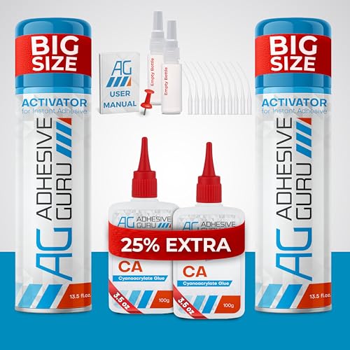Adhesive Guru CA Glue with Activator Kit (2x3.5 oz + 2x13.5 fl.oz) Professional Cyanoacrylate Adhesive and Super Glue Accelerator for Woodworking with Extra Caps&Microtips, DIY&Craft, Plastic, Repair,