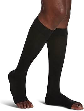 SIGVARIS Mens & Womens Essential Opaque 860 Open Toe Calf-High Socks 20-30mmHg - Black - Large Long