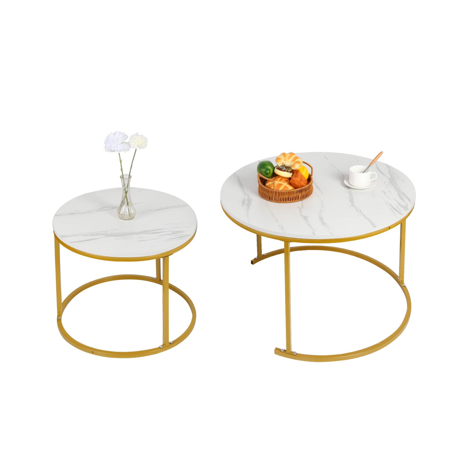 LANTUS Table Basse Salon, Adaptée au Salon, pour Fenêtre et Baie Vitrée, Coffee Table 2 Pièces, Table Basse Ronde Moderne, Table Gigogne Ronde,70 x 70 x 45 cm – Blanc et Or