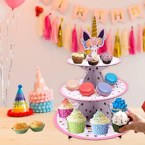 BLLREMIPSUR Cake Stand 3 Tier Cupcake Stand Unicorn Muffin Stand Cardboard for Birthday Party Wedding Baby Shower