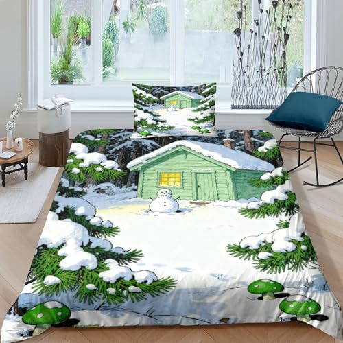 WXLWHR Snowy Forest Duvet Cover Set 3D Log Cabin Print Bedding Set Soft Polyester Quilt Cover with Zipper & Pillowcase for Kids Teens Adults Single（135x200cm）