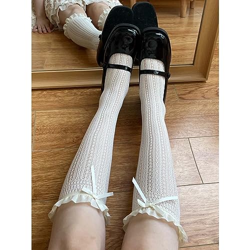 Women's Lace Trim Thigh High Stockings with Bowknot - White Lace Boot Socks3