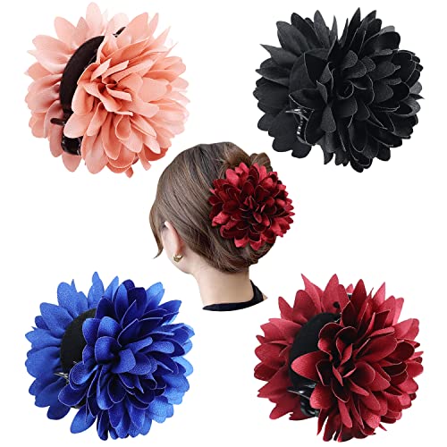 Cinaci 4 Stück schwarze Kunststoff-Haarklammern mit großen großen Satin-Blumen-Gänseblümchen-Schleifen-Clips, Haarknoten-Chignon-Hochsteckfrisuren, Zubehör für Frauen und Mädchen Cover