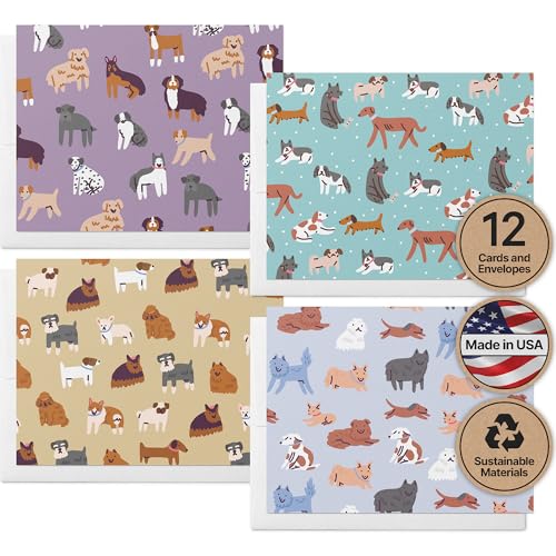 Image of Twigs Paper Note Cards - 12 Assorted Dog Pattern Designs with Envelopes - Made in the USA - Eco-Friendly Blank Note Cards for Everyday Correspondence - 5.5 x 4.25 Inches