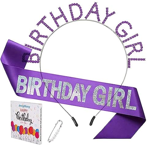 JunyRuny Purple Birthday Sash & Tiara Set, Hairband and Crown with 160 Crystal Diamonds for Women, Birthday Gifts for Her, Birthday Decorations Cover