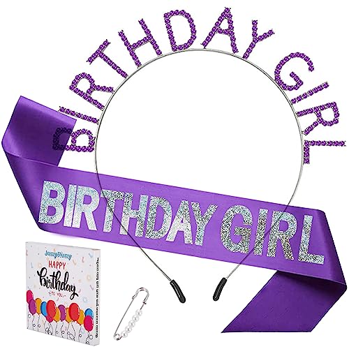 JunyRuny Purple Birthday Girl Sash & Tiara, Birthday Sash and Crown for Women, Gifts for Her, Birthday Decorations Purple Headband
