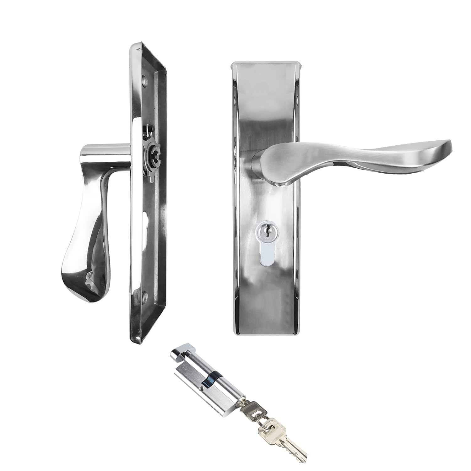 Door Handle Lock Set, Door Handles Lever for External Doors, Polished Chrome Door Handle, Cylinder Front Back Lever Latch with Keys for Home Security