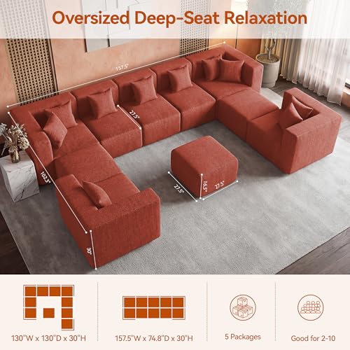Image of MONVANE Modular Sectional Sofa, Oversized 10 Seat Convertible U Shaped Couch with Ottoman, Comfy Chenille Cloud Couch with Deep Seat, Sectional Couches for Living Room, No Assembly Required, Rust Red