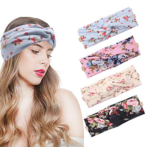 Yanjie Boho Button Headband for women printing Style Elastic Head wraps 4 Package Hairband for Girls (Red flower on blue background)