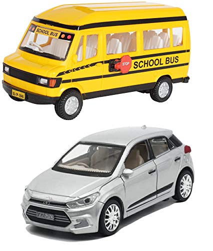Amisha Gift Gallery Toy Car for Kids I20 with School Bus in Multicolour Model Car Exclusive Combo SUV Car Toy Miniature Pull Back Action Mini Vehicle Scaled Models Toys for Boys, Girls & Kids