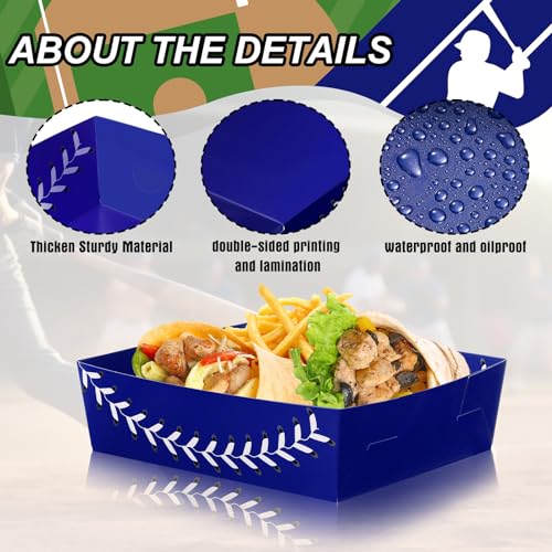 Image of Teling 36 Pcs Large Baseball Plates Party Trays 5 Lb Food Boat,Blue | Paper Plates with Baseball Designs, Holds Nachos Burgers Fries, For Softball Birthday Party Supplies, Serving Snack Boats