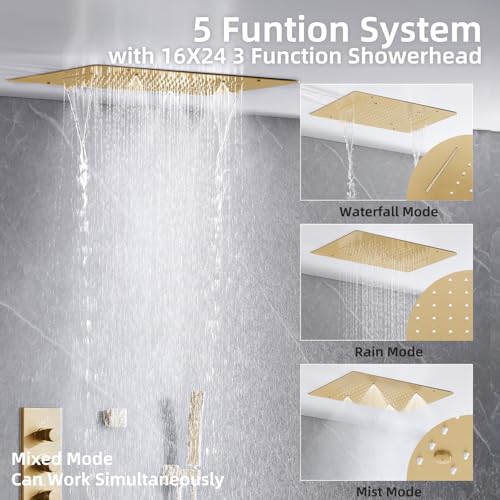 Sistema de ducha tipo cascada en dorado cepillado 3 en 1 con función múltiple, cabezal de ducha de lluvia 16 x 24 pulgadas, grifería termostática de 5 vías con válvula y ducha de mano con 6 jets para todo el cuerpo miniatura 2
