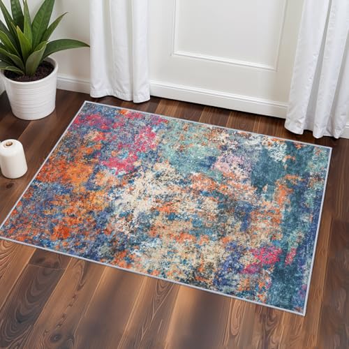 Soft Washable Abstract 2x3 Rugs - Living Room Bedroom Large Area Rug Indoor Farmhouse Stain Resistant Carpet Non-Slip Machine Washable Distressed Soft Room Decor 2x3 Colorful/Multi