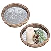 Hanobe Round Wood Decorative Tray Set of 2 Farmhouse Wooden Galvanized Trays for Coffee Table Centerpiece Rustic Vintage Candle Platter for Ottoman Home Decor Kitchen Bathroom Bar Countertop