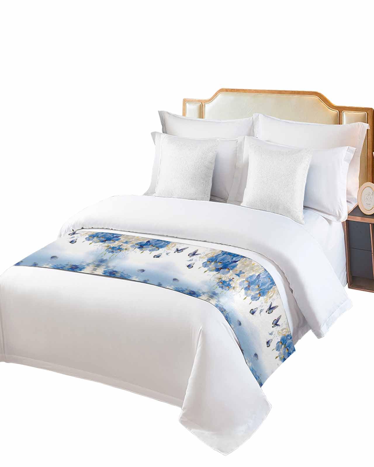 Twin Bed Runner Summer Blue Lake Blossom Floral Bedding Runner Scarves Decorative Bed Scarf, Watercolor Butterfly Soft Bedding Scarf for Bedroom Hotel Wedding 71x20in