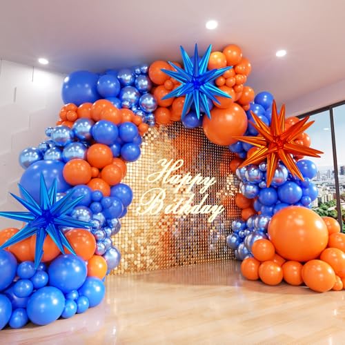 Image of Blue and Orange Balloon Arch Kit, 151Pcs Royal Blue Metallic Blue Orange Balloon Garland kit, Different Size Balloons for Girl Birthday Anniversary Baby Shower Graduation Party Decorations