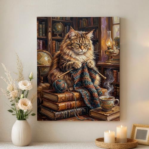 Lienzo de gato con hilo marrón, impresión artística de 40x50 cm para colgar en el dormitorio