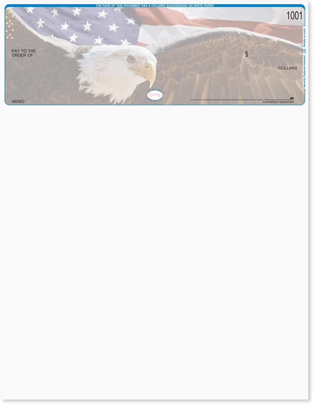 Soaring Eagle Blank Computer Checks / 8.5" x 11" Patriotic American Bald Eagle Business Checks / 250 Laser and Ink Jet Checks with Perforated Vouchers/Made in The USA