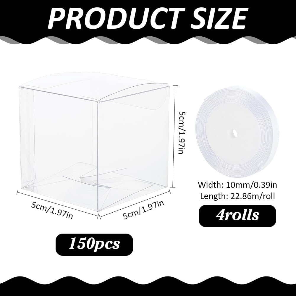 CRAFTYMELODY 150 Pack 2×2×2 Inches Clear Favor Boxes with 100 Yards Gift Ribbon 3/8 Inch Wide Mini Transparent Cube Treat Boxes Plastic Box for Wedding Birthday Party Treats Candy Decoration Supply