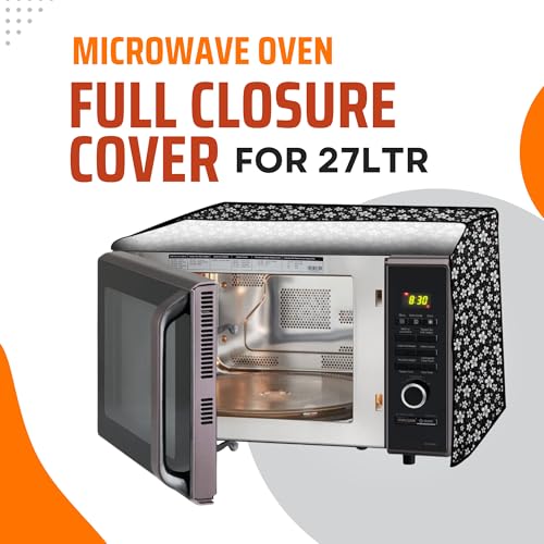 Image of PVC Microwave Oven Cover for Panasonic 27L N-CT645BFDG | Full Closure Zip | Waterproof & Dustproof | Attractive Digital Print | 51.3 x 30.6 x 47.1 cm | Black Flower Design