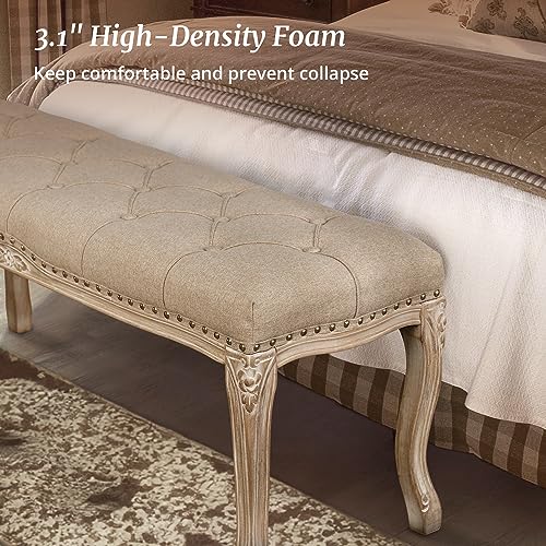 مقعد غرفة نوم من كوزي مان، مقعد مدخل فرنسي عتيق معنقد،1.14 م منحوت بنهاية سرير منجدة بارجل خشبية معتقة، مقعد عثماني من الكتان لغرفة المعيشة والبهو وغرفة الطعام، لون ويت