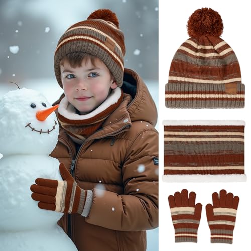 Image of Kids Winter Hat Gloves Scarf Set: Girls Boys Beanie Fleece Lined Ages 6-10