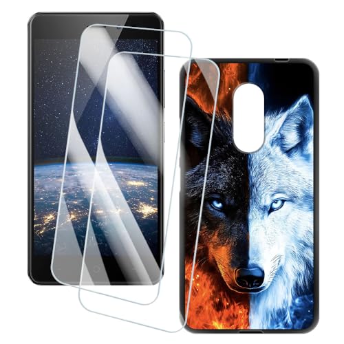 OAGELIM 2er Pack Bildschirm Schutzfolie + Hülle Kompatibel mit TP-Link Neffos X1 (5 Zoll) Künstlerisch Bedruckte Hülle & Gehärtetes Glas Kratzfest (Wolf)