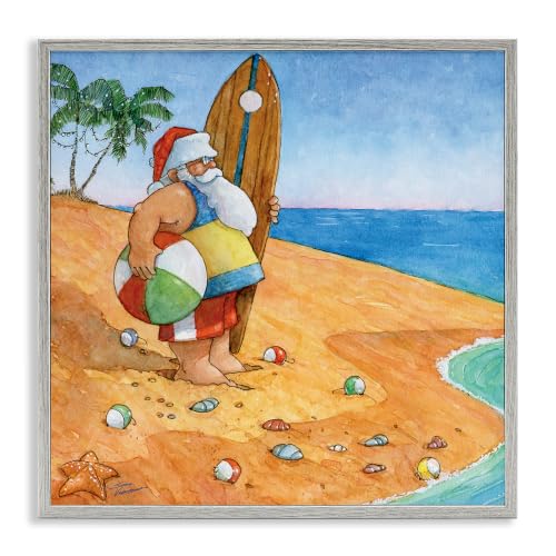 'Santa Claus On Beach Surf Board Tropical'| Framed Giclee Art