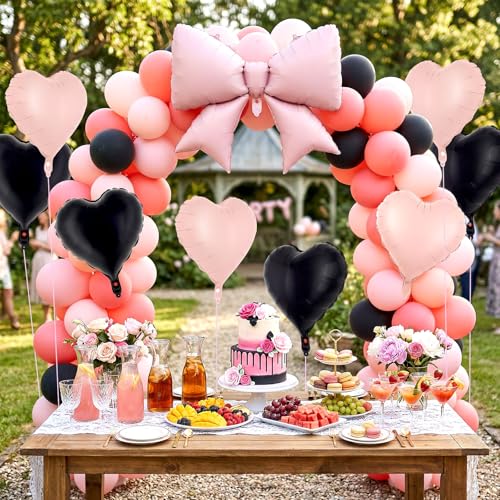 Image of 12 Pcs 18 Inch Heart Balloons and 38 Inch Bow Balloons, Large Foil Bow Heart Balloon Bow Party Decorations for Birthday Baby Shower Valentines Wedding Party