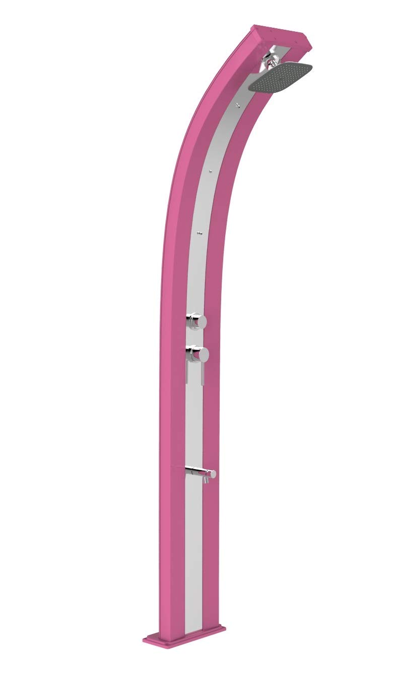 Douche à énergie solaire Arkema Dada D350 4003 I couleur fuchsia avec bande décorative en acier inoxydable, structure en aluminium, équipée d'un mitigeur lave-pieds et nébuliseurs