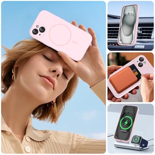 Image of Miracase Magnetic for iPhone 15 Plus Case, [Soft Anti-Scratch Microfiber Lining], Compatible with MagSafe, Liquid Silicone Shockproof Drop Protection Phone Case for 15 Plus, Sand Pink