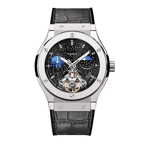 Automatic Watches for Men, Skeleton Watches for Men Analog Tourbillon Watch Starry Sky Dial 12-Hour Small Dial Moon Phase Mechanical Watch Black Leather Strap -  PINDUWATCH-US, 6552