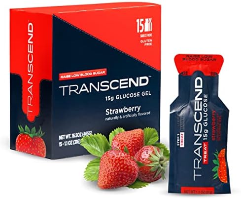 Transcend Glucose Gel Packs - Strawberry, 15 Pack (1.1oz Each) - FSA/HSA Eligible - Glucose Gel Packs for Diabetics, Blood Sugar Support Alternative to Glucose Tablets - Precise 15g Dose, Made in USA