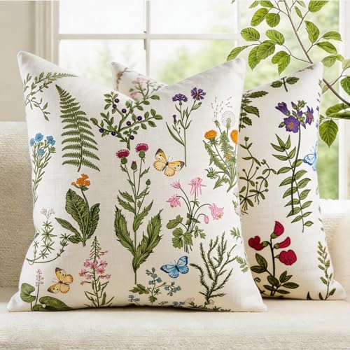 Spring Vintage Floral Pillow Covers 18x18 Set of 2, Sage Green Wild Flowers Plant Outdoor Decorations Throw Pillows Case,Summer Rustic Botanical Print Pillow Cover for Farmhouse Sofa Couch Bed Decor