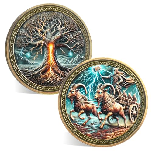 Viking (Wikingergott des Donners) – Glücksbringer-Münze Thor Mjölnir, nordische Mythologie, Wikinger-Lebensbaummünzen, Wikinger-Runen-Talisman, Amulett, Wikinger-Geschenk für Männer & Frauen