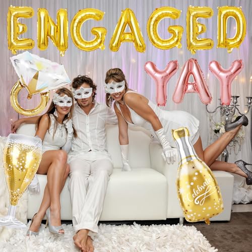 Image of Gold Engagement Party Decorations, Engaged Yay Balloons Letters Banner, Diamond Ring White Champagne Bottle Balloon Glass Foil Balloon for Bachelorette Engagement Wedding Bridal Shower Party Supplies